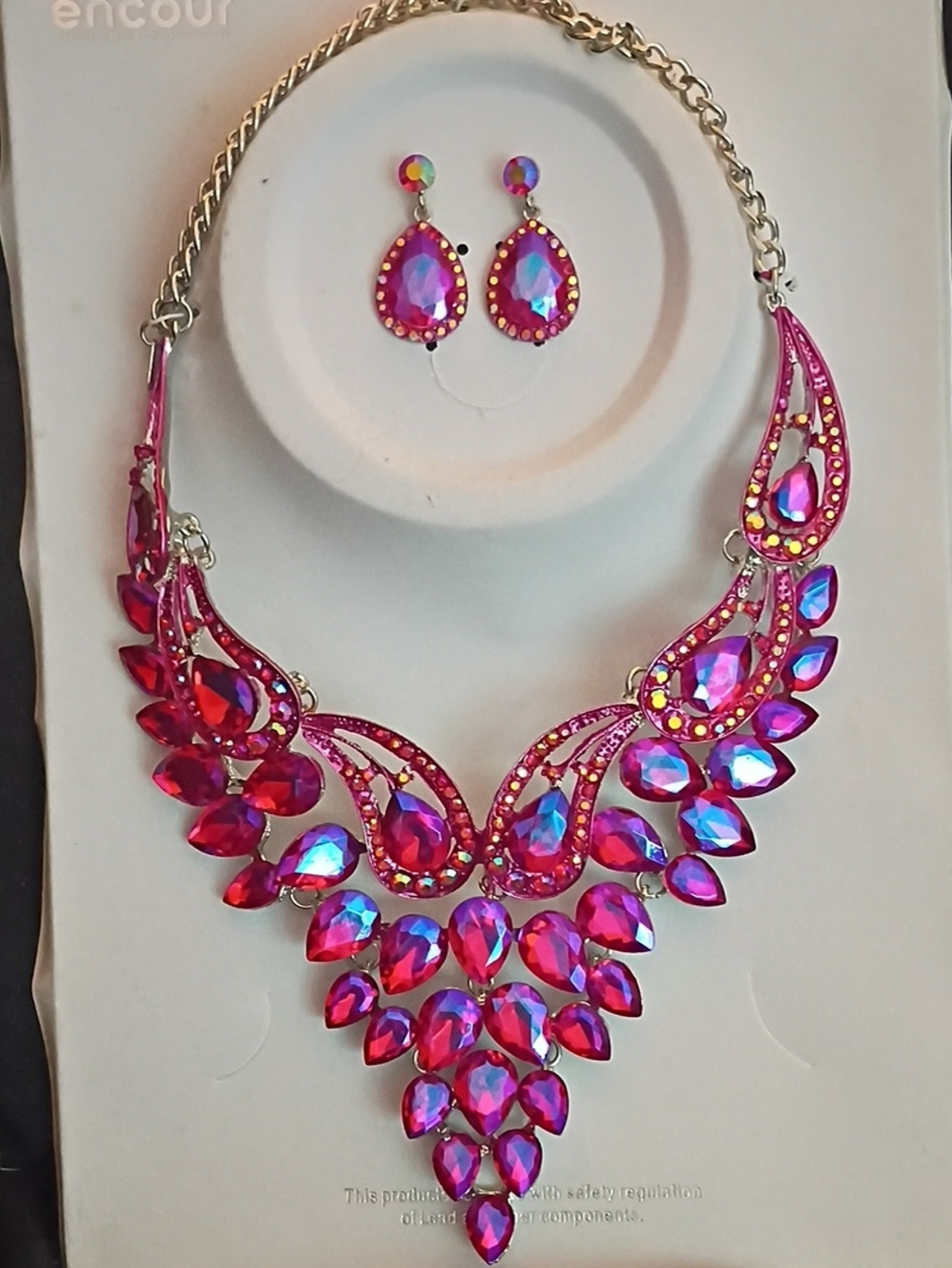 Pink Iridescent Teardrop Statement Necklace & Earring Set